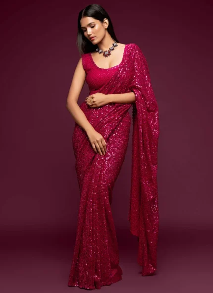 Embroidery Sequins Work Dark Green Color Georgette Saree Festive Wear