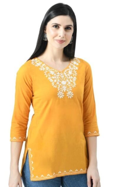 Mustard Yellow Resham Work Short Kurti